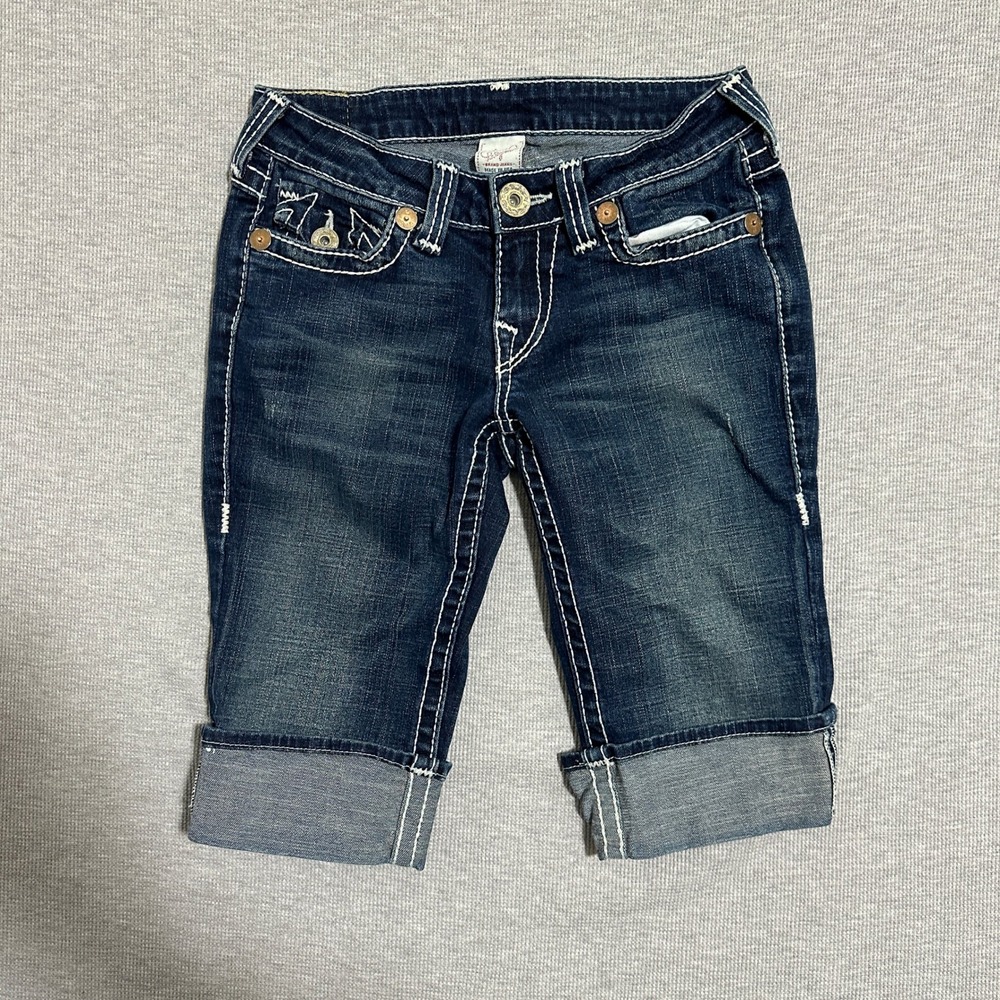 True Religion Joey Big T Dark Wash Denim Bermuda Shorts Women 27 White Stitching